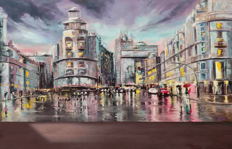マドリッドの街並み雨の日の油絵プリント壁紙