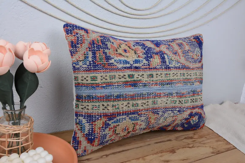 Pillow, Rustic Cushion Cover, Colorful Pillow Sham, 16x24 Blue Pillow Case, Vintage Pillow, Gift Pillow, Ethnical Kilim Rug Pillow - 1