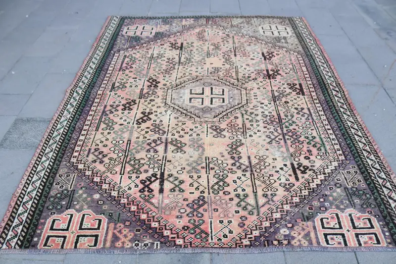 Alfombra turca grande, alfombra vintage de 6,2x7,7 pies, alfombra de lana de plantas y árboles rosas - 1
