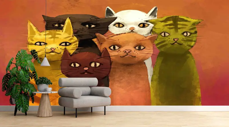 Modern Baskılı Duvar Kağıdı: Canlı Oda Dekoru için Soyut Kediler