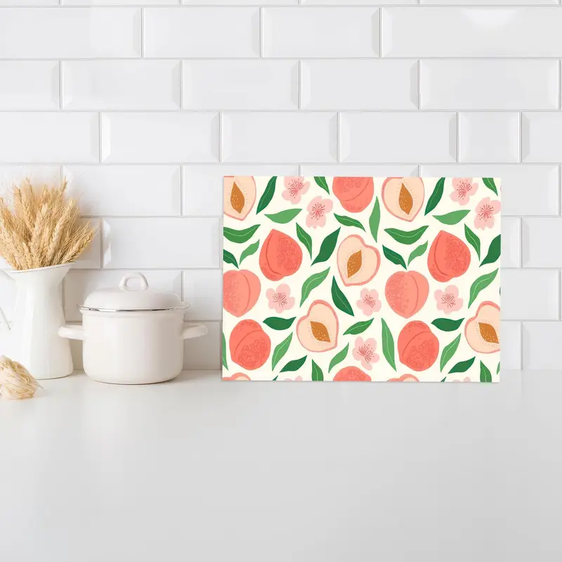 Peach Pattern Glass Cutting Board with Fruits and Leaves Design