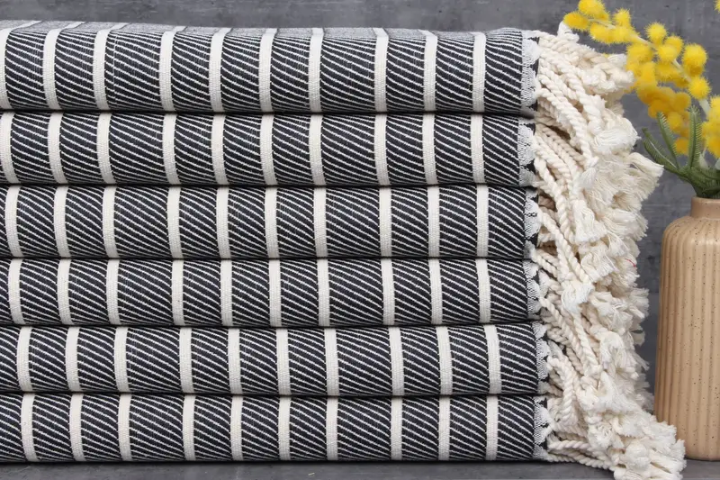Turkish Beach Towel Personalized Black Herringbone, Organic Cotton, 40x71 Inches