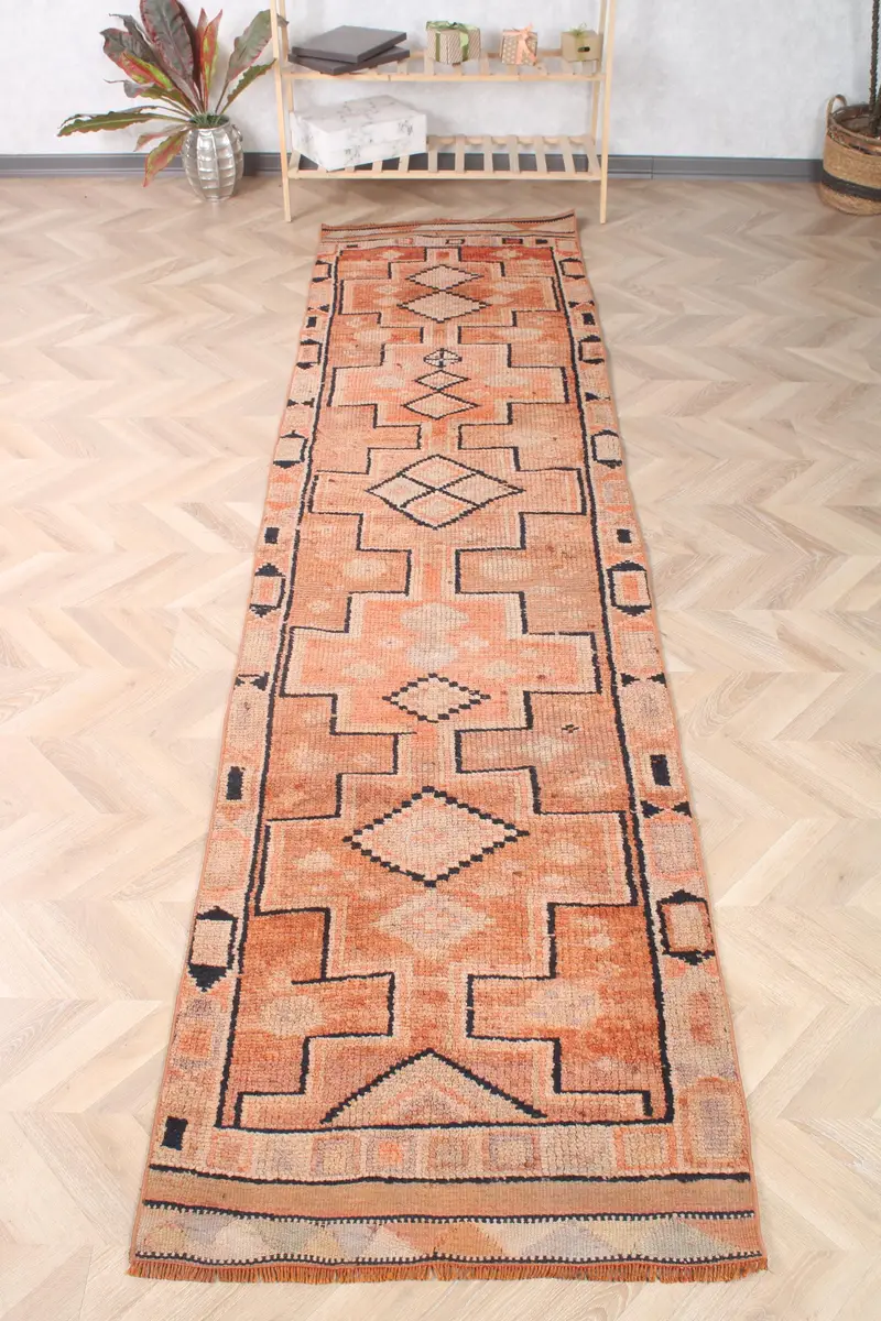 Turkish Vintage Runner Rug 2.7x11 ft, Herki Orange Wool Rug - 1