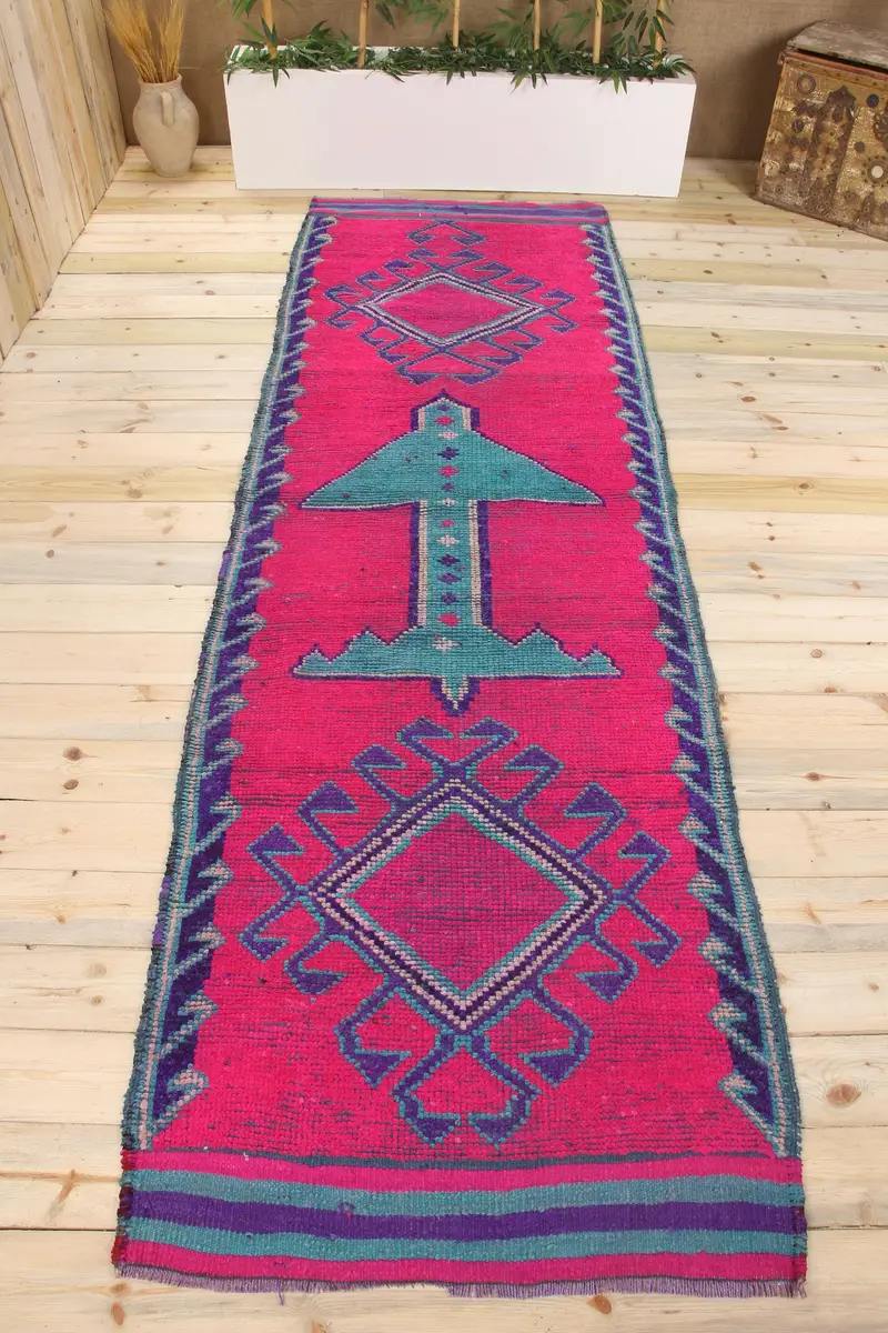 ハンドメイド ピンク & ブルー ラグ、0.3x11 フィート チェック柄