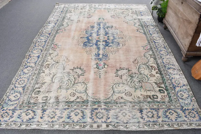 手作りのオレンジブルーラグ、0.6x0.8フィートの花柄とペイズリー