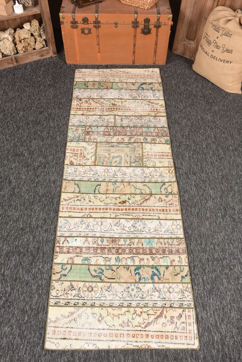 Vintage Small Rug, 2.7x8.1 ft Turkish Rug, Beige Patchwork Wool Rug - 1