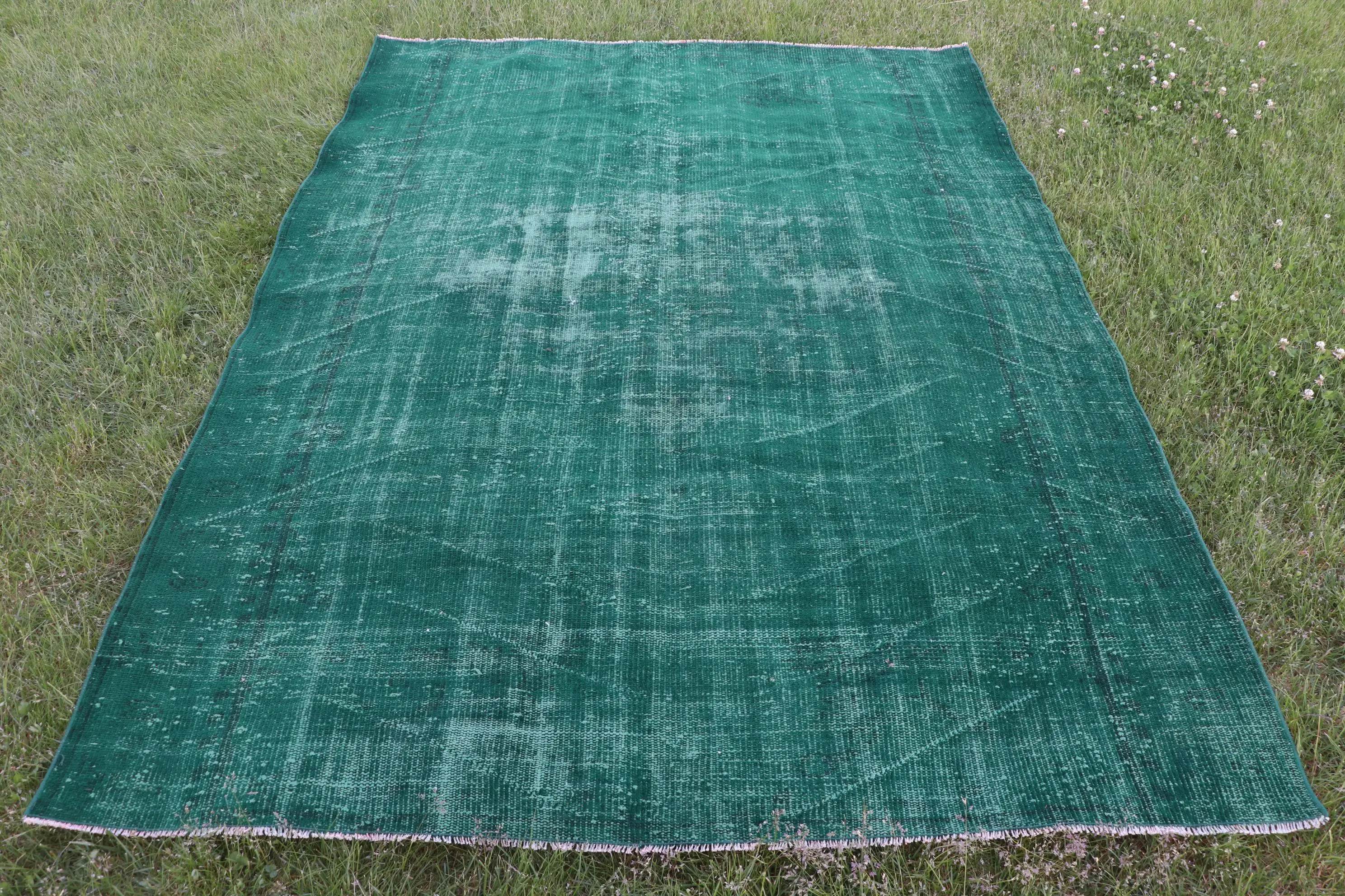 5.6x7.9 ft Halı, Türk Vintage Halı, Yeşil Beyaz Bitkiler ve ağaçlar Halı - 1