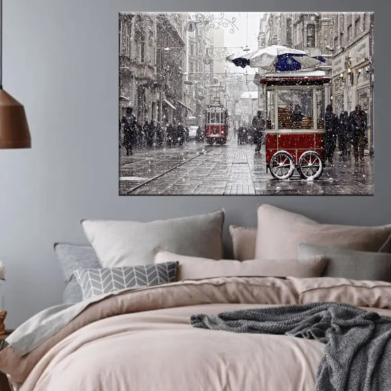 Winter Istanbul Canvas, Winters in Turkey, Istiklal Street Wall Art, Snow Istanbul Canvas, Istanbul Landscape Art, Red Tram Wall Art Canvas - 2