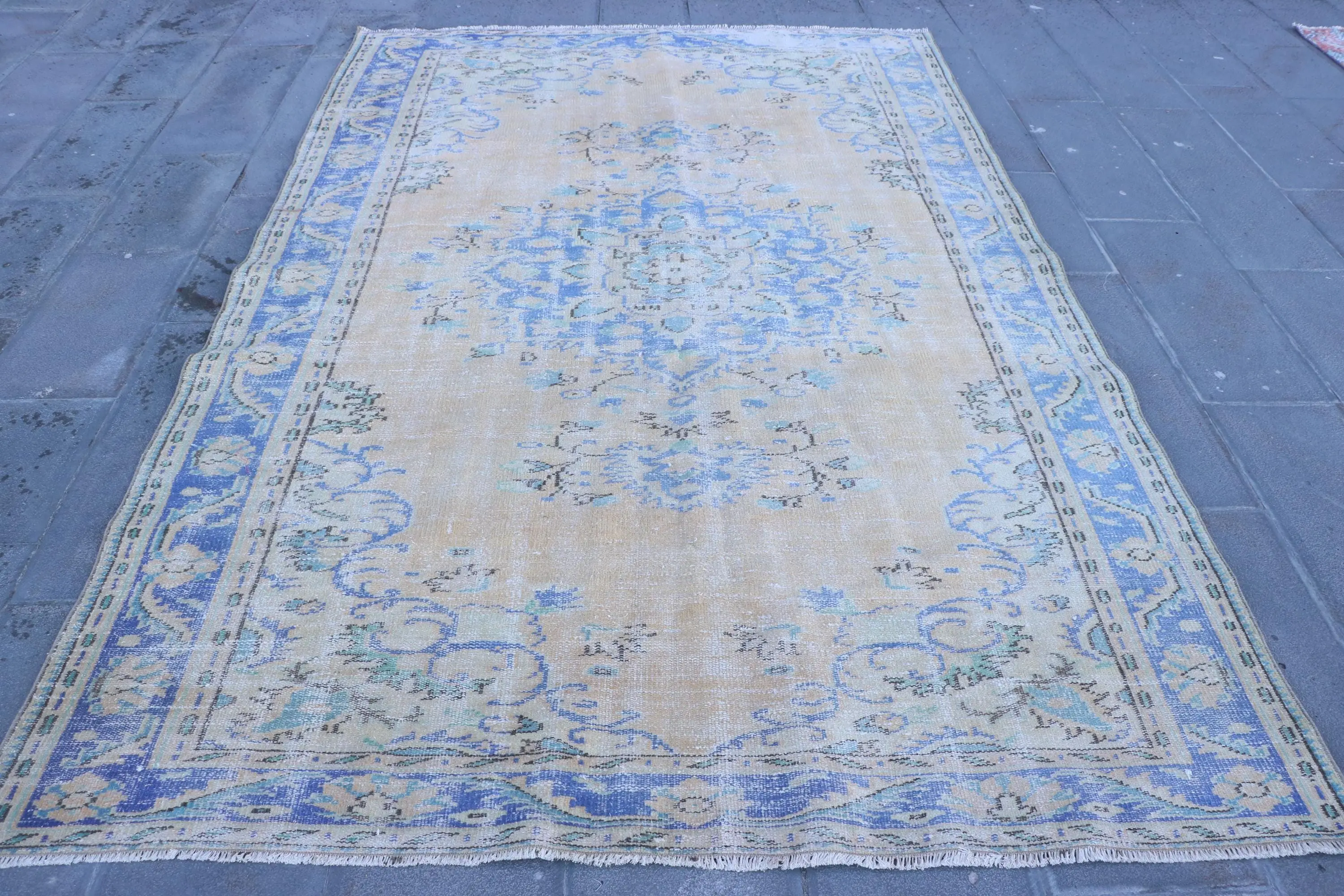 Türk Vintage Halısı, 6.1x9.3 ft Halı, Mavi Büyük Ombré Halı - 1