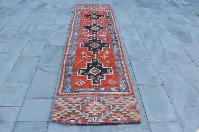 2.7x10.6 ft Rug, Vintage Turkish Rug, Red Striped Wool Rug - 1