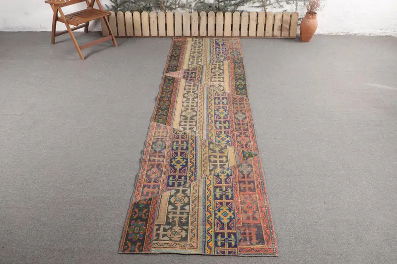 Handmade Green Persian Rug, 3,1x10,3 ft Elegant Decor