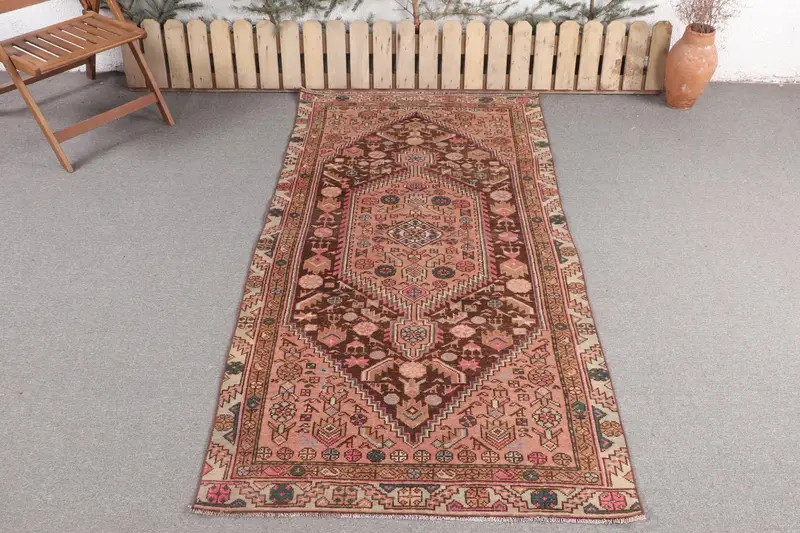 Alfombra Hecha a Mano Marrón y Rosa, 1,1x2,1m Rayas Geométricas