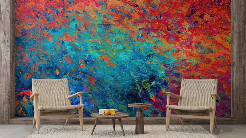 Abstract Colorful Mural, Contemporary Wallpaper, Modern Colorful Wall Paper, Abstract Wall Decor, Orange Wallpaper, Modern Wall Art, - 1