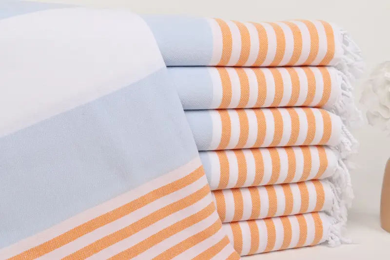 Striped Towel Bath Orange-Baby Blue Cotton Farmhouse, 40x71 Inches