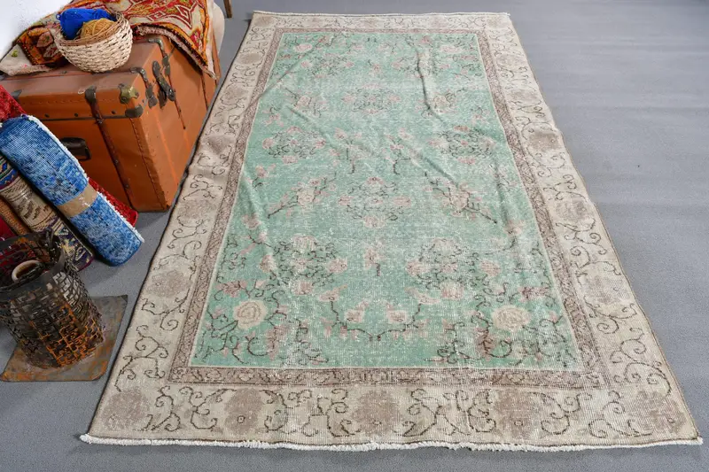 5x8.2 ft Turkish Vintage Rug, Large Rug, Green Brown Floral Wool Rug - 1