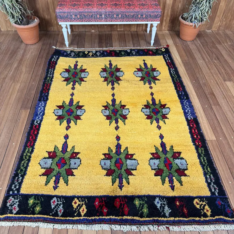 4,9x7,1 ft türkischer Teppich, Vintage-Teppich, gelb-blauer Ikat-Teppich - 1