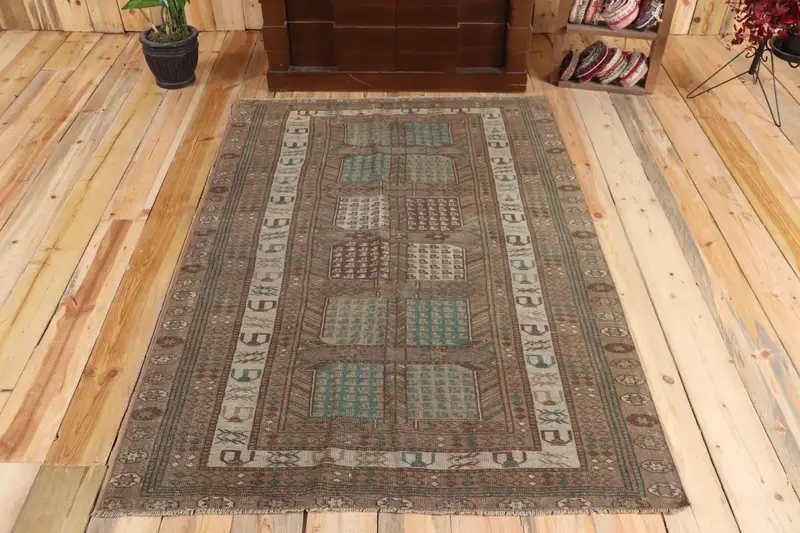 3,9 x 5,7 ft Teppich, türkischer Vintage-Teppich, brauner Ikat-Wollteppich - 1