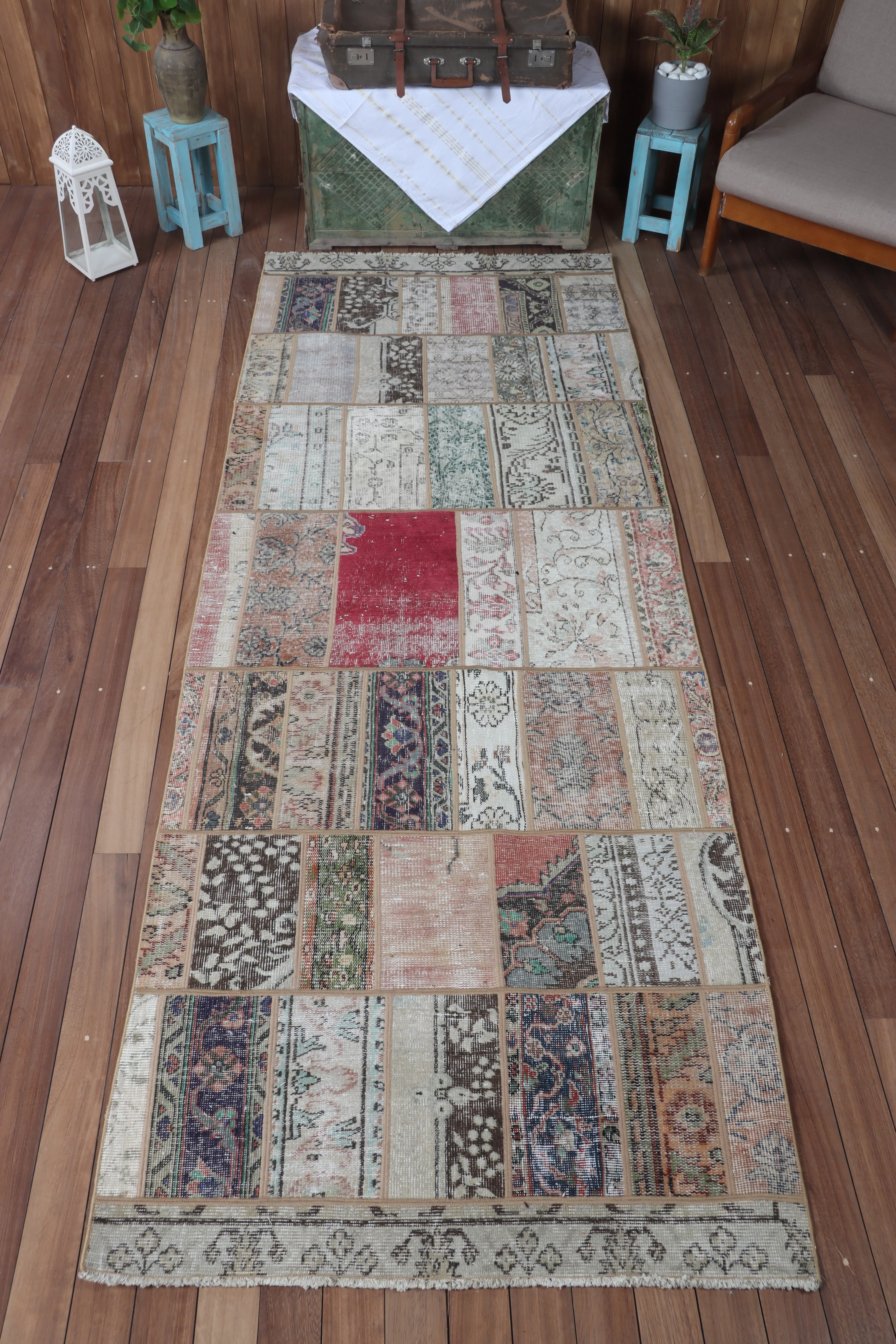 Vintage Patchwork Small Rug 3.6x9.9 ft (111x302 cm), Turkish Beige Floral Rug - 1