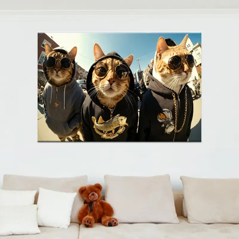 芸術的な猫と帽子のキャンバス: ユニークな猫の装飾プリント