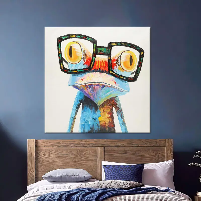 メガネをかけたモダンなカラフルなカエル楽しい動物プリントキャンバス