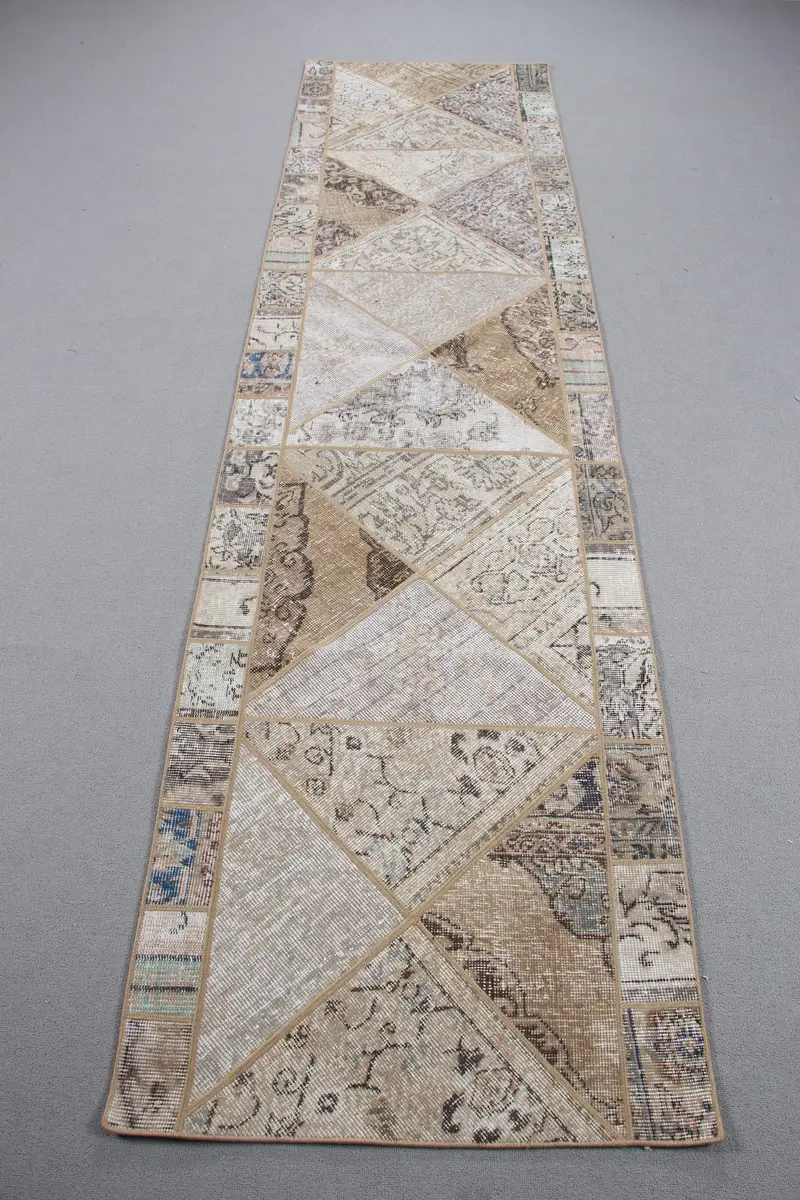 Zarif Bej ve Kahverengi Halı, 2,6x10,1 ft Geometrik Çiçek