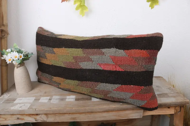 Vintage Kilim Pillow, Interior Designer Pillow, 12x24 Brown Pillow Cover, Turkish Kilim Pillow, Office Chair Cushion Cover, Pillow Cover - 4