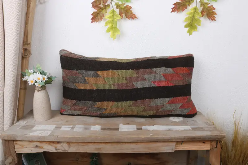 Vintage Kilim Pillow, Interior Designer Pillow, 12x24 Brown Pillow Cover, Turkish Kilim Pillow, Office Chair Cushion Cover, Pillow Cover - 1