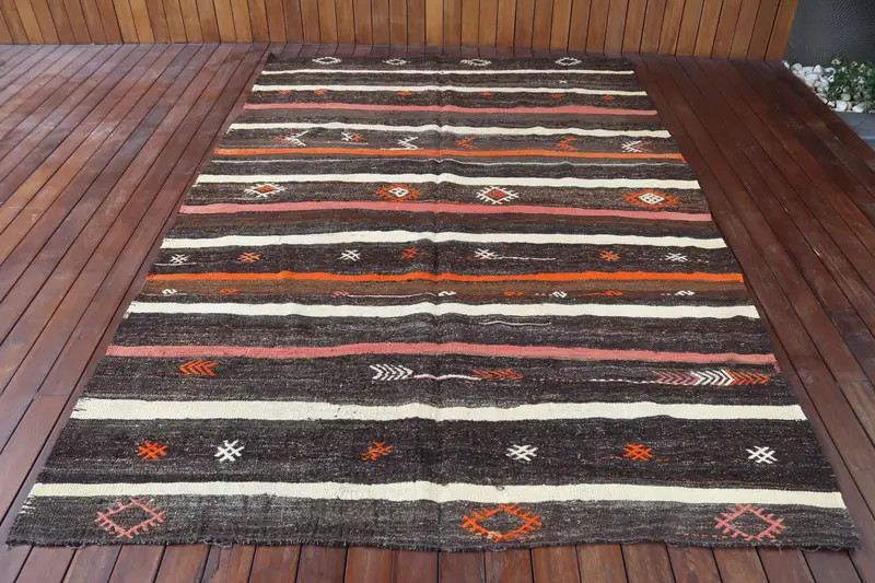 5.8x9.1 ft Büyük Türk Halısı, Vintage Halı, Kahverengi Turuncu Çizgili Yün Halı - 1