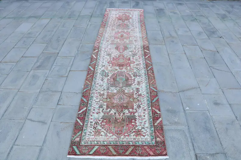 3.2x12.8 ft Vintage Rug, Oushak Rug, Red Floral Rug Wool - 1