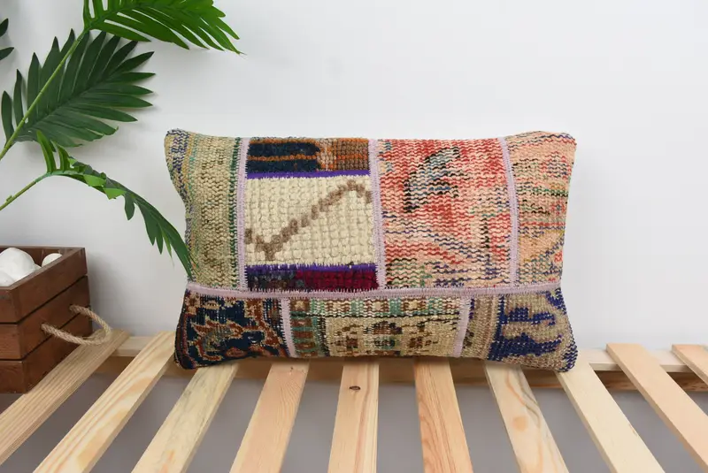 Vintage Kilim Pillow, Ikat Pillow Sham, Cushion Cover, Outdoor Bolster Pillow Sham, Gift Pillow, Home Decor Pillow, 12x20 Beige Pillow Case - 1