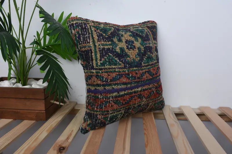 Turkish Kilim Pillow, 16x16 Blue Cushion, Pillow Cover, Ethnical Kilim Rug Pillow, Floor Cushion Cover, Vintage Pillow, Kilim Rug Pillow Cover - 4