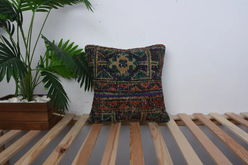 Turkish Kilim Pillow, 16x16 Blue Cushion, Pillow Cover, Ethnical Kilim Rug Pillow, Floor Cushion Cover, Vintage Pillow, Kilim Rug Pillow Cover - 1