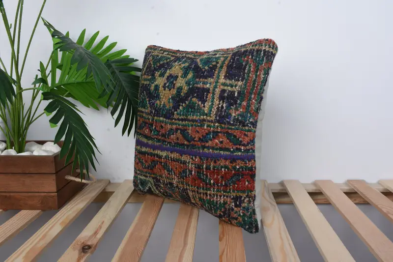 Turkish Kilim Pillow, 16x16 Blue Cushion, Pillow Cover, Ethnical Kilim Rug Pillow, Floor Cushion Cover, Vintage Pillow, Kilim Rug Pillow Cover - 5