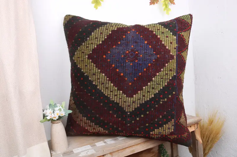 Cushion Case, Vintage Pillow, 28x28 Red Pillow Cover, Bolster Throw Pillow Sham, Pillow for Couch, Retro Throw Pillow, Kilim Pillow Cover - 4