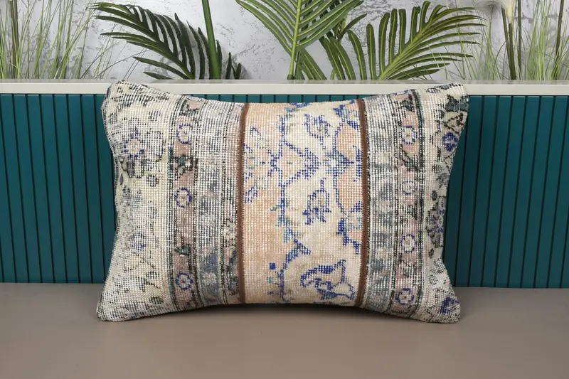 Bej & Bronz Patchwork Yastık, 16x24 Nakışlı Kırlent