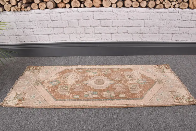 Oushak Turkish Rug, 1.1x2.9 ft Vintage Rug, Brown Animal Print Wool Rug - 1