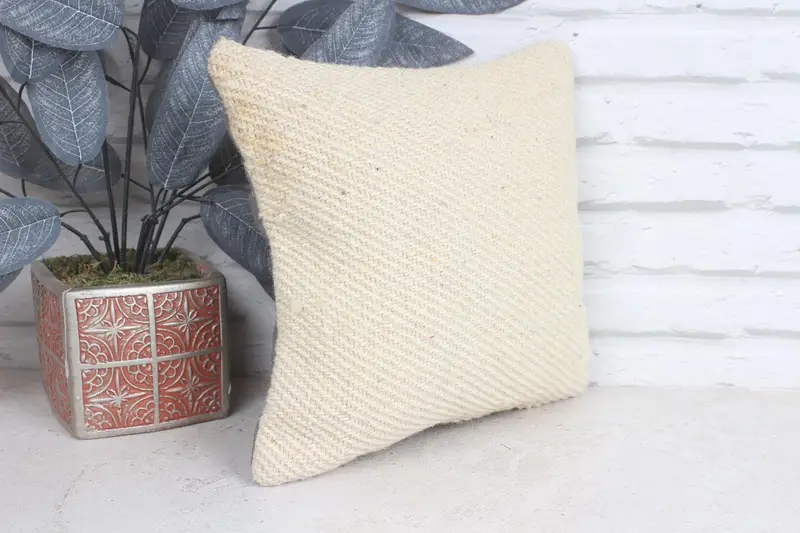 Crochet Pattern Pillow Sham, Meditation Pillow, Handmade Kilim Cushion, 12x12 Beige Pillow Sham, Throw Kilim Pillow, Pillow for Sofa, Pillow Cover - 4