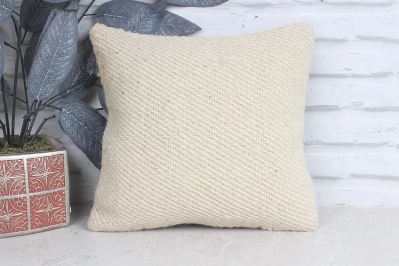 Crochet Pattern Pillow Sham, Meditation Pillow, Handmade Kilim Cushion, 12x12 Beige Pillow Sham, Throw Kilim Pillow, Pillow for Sofa, Pillow Cover - 1