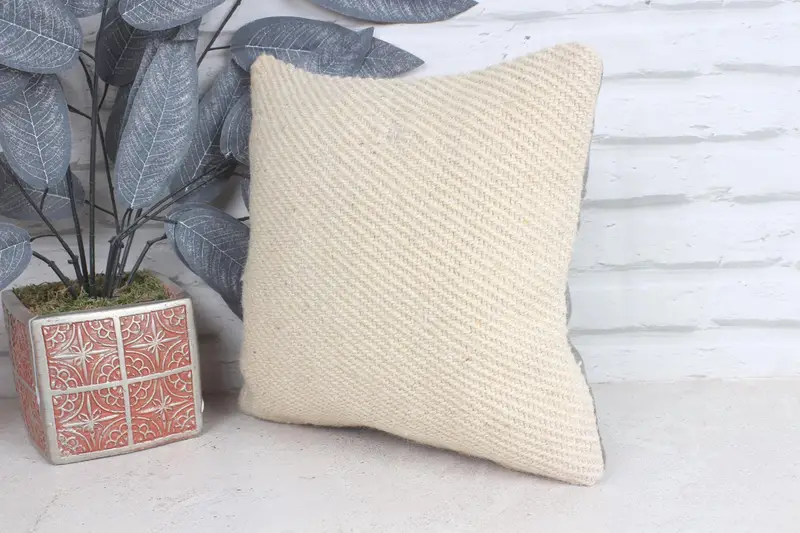 Crochet Pattern Pillow Sham, Meditation Pillow, Handmade Kilim Cushion, 12x12 Beige Pillow Sham, Throw Kilim Pillow, Pillow for Sofa, Pillow Cover - 3