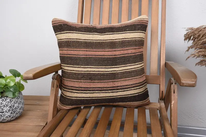 Square Striped Vintage Pillowcase, Antique 18x18 inch FloorBeige Wool Pillow Cover - 1