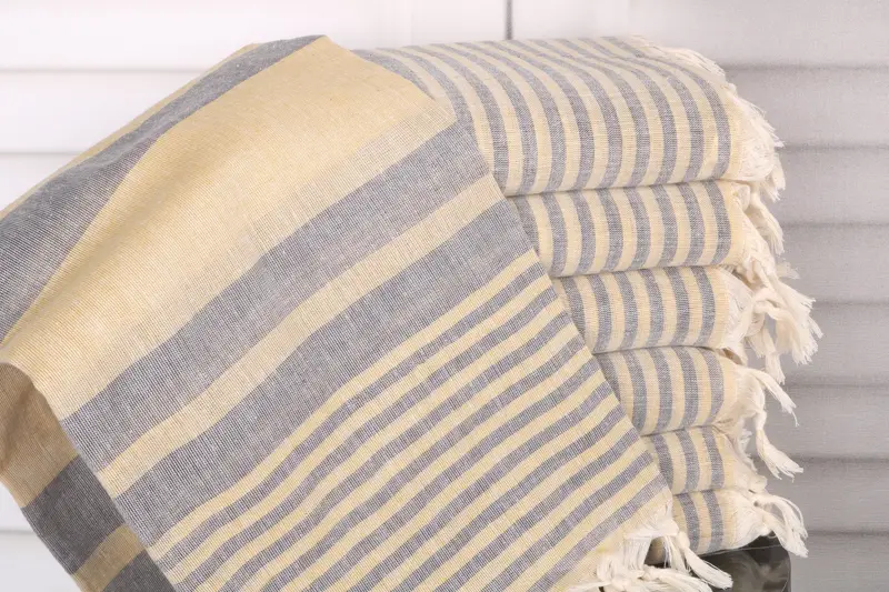 Striped Towel Cotton Dark Navy-Mustard, 40x71 Inches