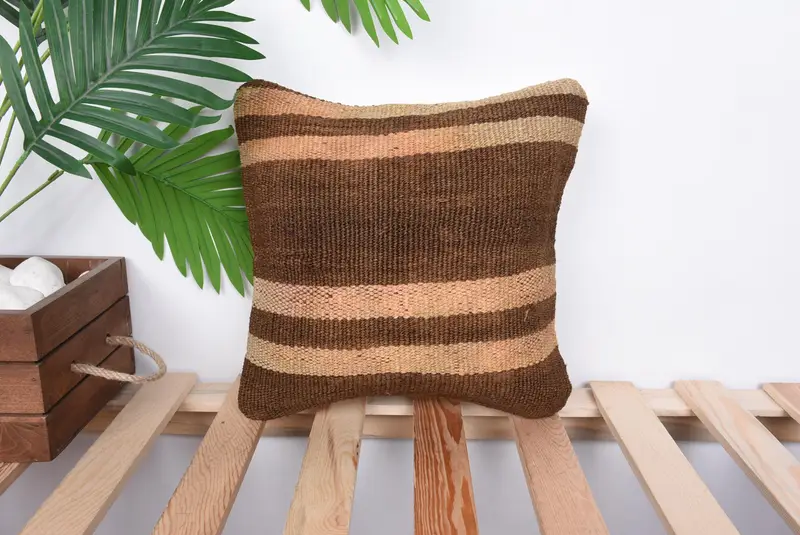 Pillow Sham, 12x12 Brown Cushion Case, Antique Pillows, Ethnical Kilim Rug Pillow, Couch Pillow Cover, Turkish Kilim Pillow - 1