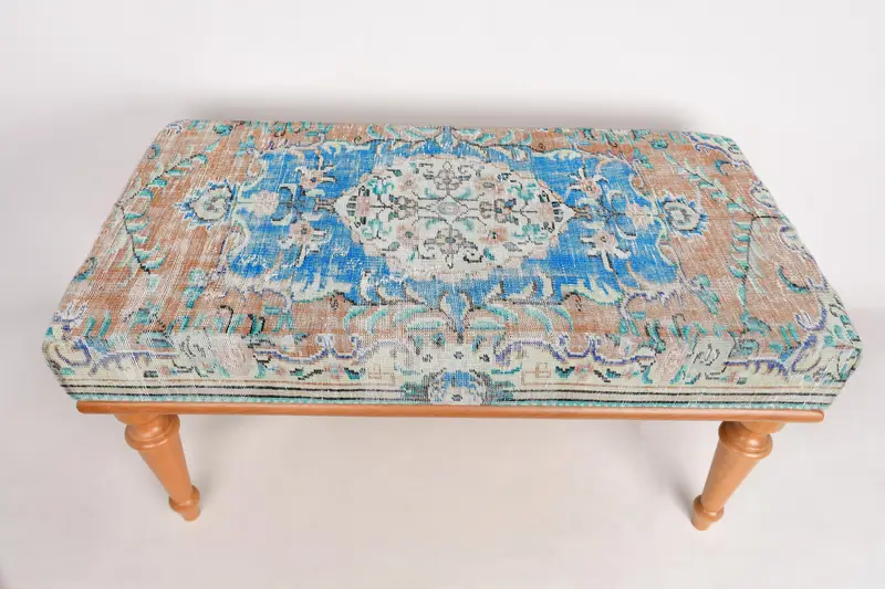 Modular Blue and Pink Kilim-Inspired Ottoman, Wool Blend Sofa Set