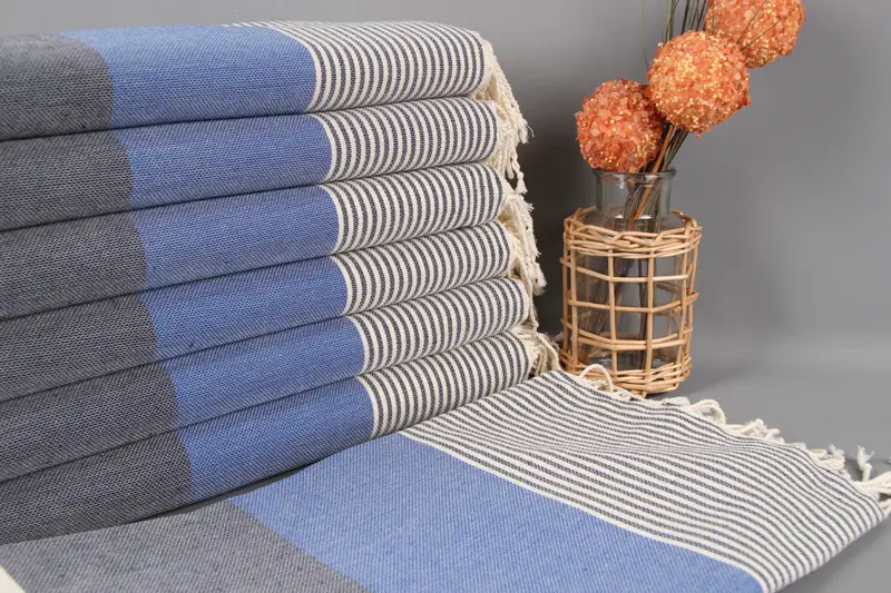 Custom Turkish Towel Personalized Gift Sax Blue-Black Stripes, 40x69 Inches