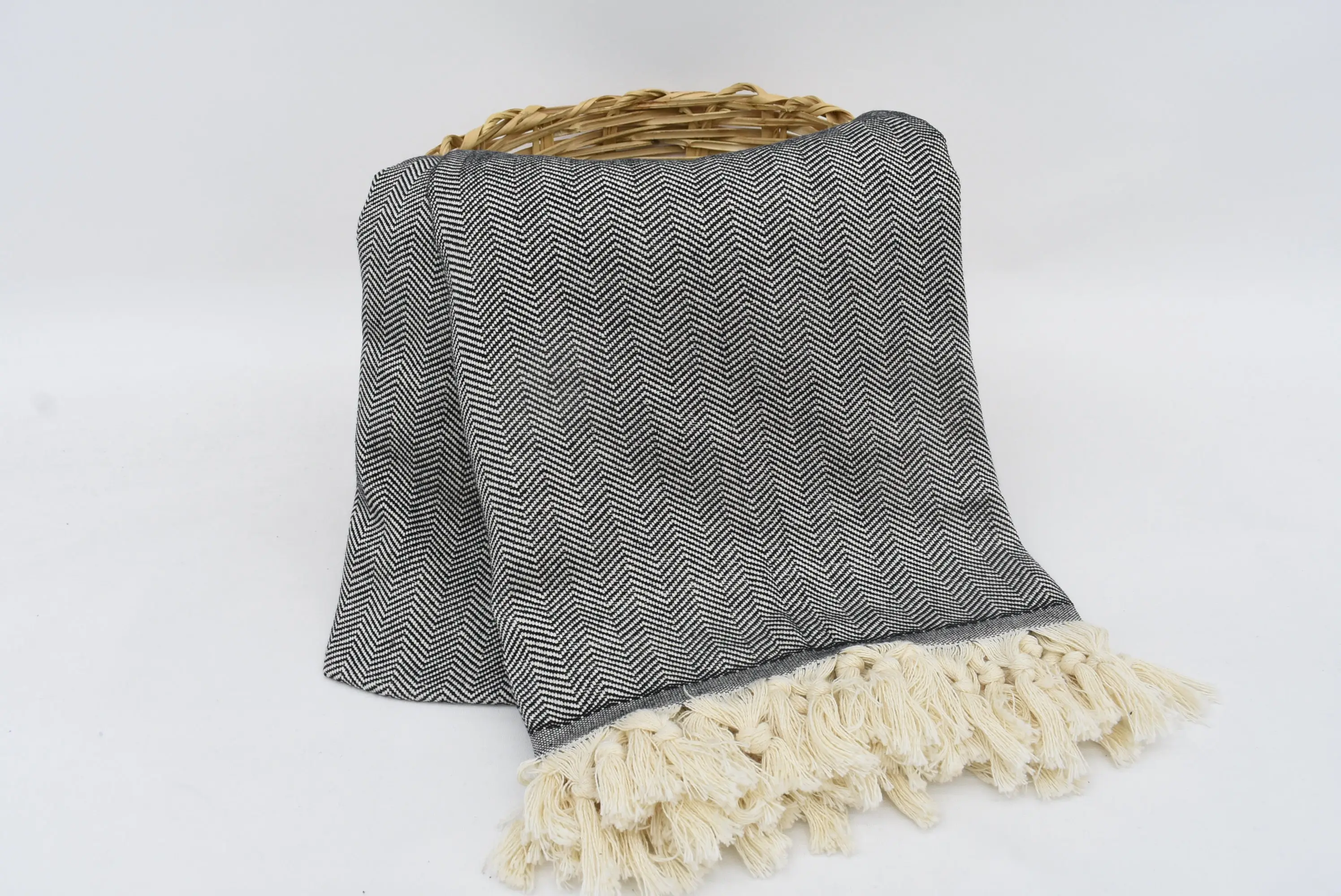 Black Turkish Blanket with Polka Dots, Cotton, 94x78 inches - 1