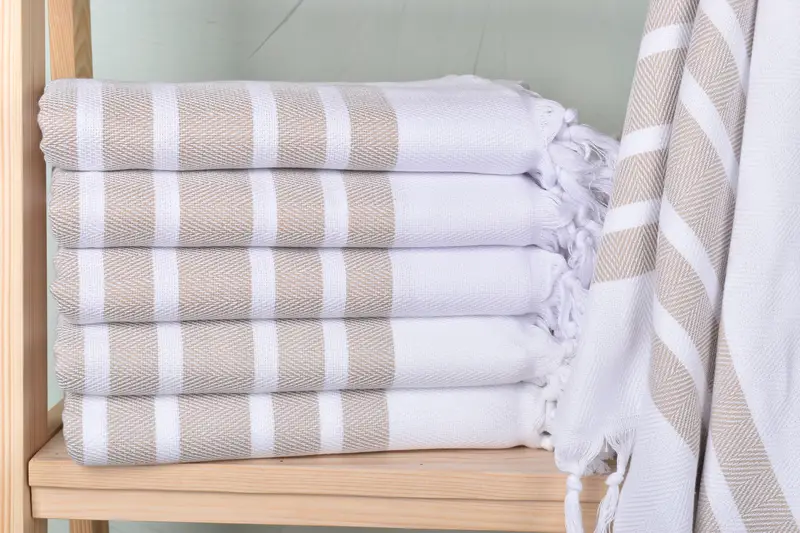 Custom Beach Towel Turkish Beige Chevron, Organic Cotton/Linen, 40x71 Inches