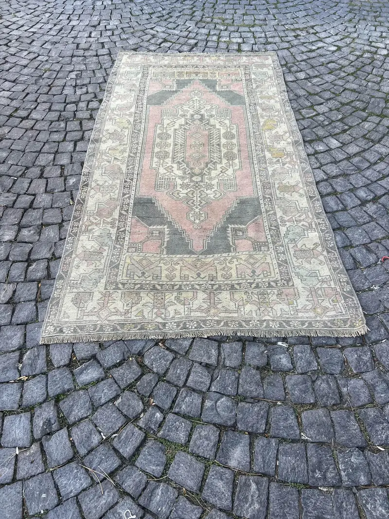 Vintage Türk Halısı 3,9x7,6 ft (119x231 cm), Oushak Gri Ombré Halı - 1