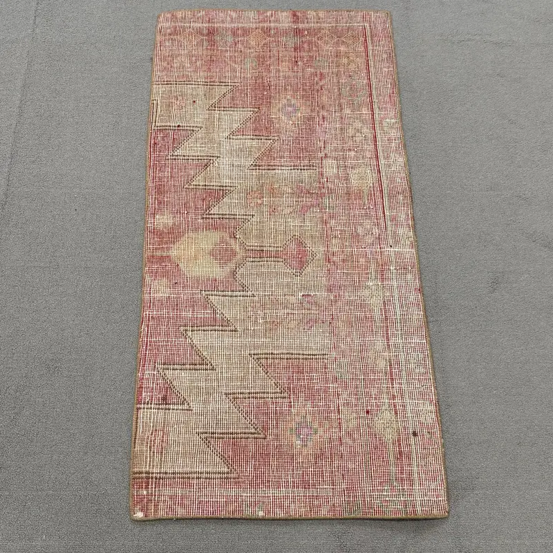 Turkish Oushak Small Rug 1.7x3.4 ft (51x105 cm), Vintage Red Southwestern Wool Rug - 1
