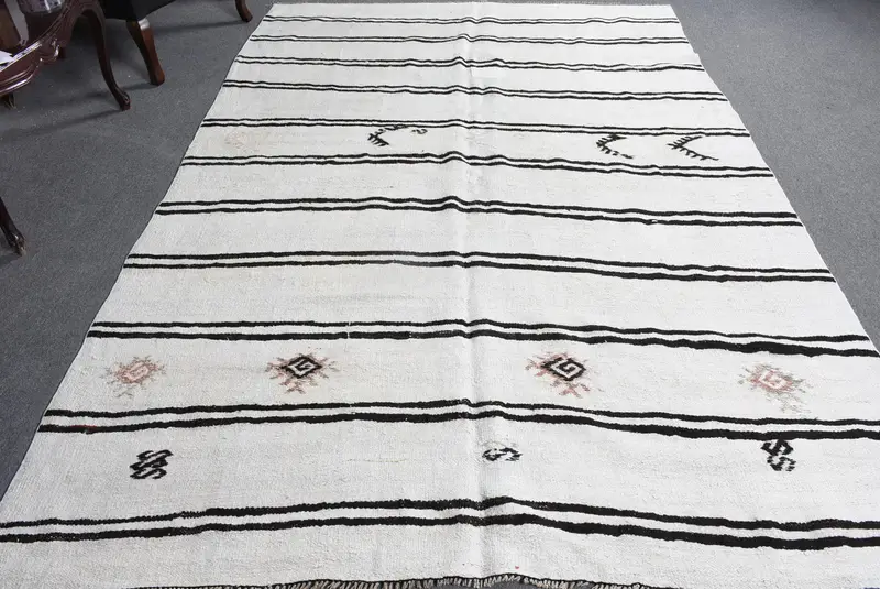 Alfombra turca vintage 6,3x9,2 pies (191x280,5 cm), alfombra Kilim de lana blanca - 1