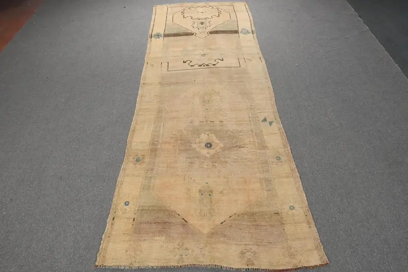 Turkish Vintage Rug 3.7x10.5 ft (114x321 cm), Oushak Brown Abstract Rug - 1